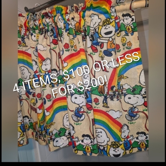 14 PC 8 PANELS Vintage Charlie Brown Snoopy rainbow curtains! - Picture 1 of 5